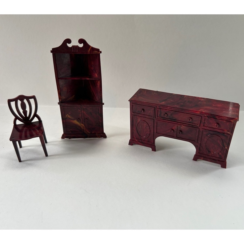 Vintage Renwal Dollhouse Furniture Marbled Red Corner Cabinet Sideboard Set